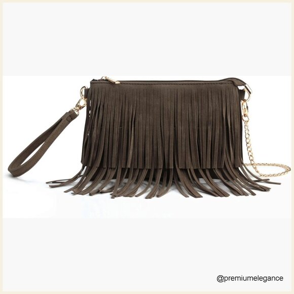 Handbags - Small Faux Suede Crossbody Bag with Removable Strap and Wristlet